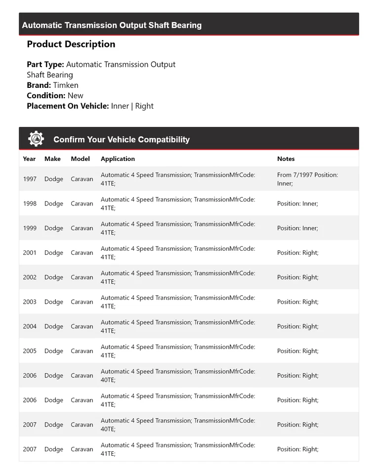Para 1997-1999, 2001-2007 Dodge Caravan Auto Trans Saída Eixo Rolamento Timken - Imagem 2 de 4