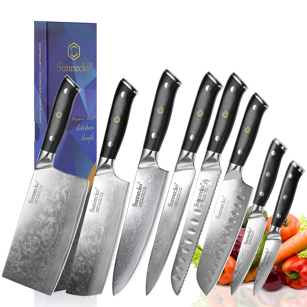Sunnecko Damascus Chef's Knives Set 8PCS Precision Kitchen Tools for Cutting