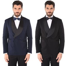 Mens Stylish Lapel Satin Blazer Double Breasted Ceremony Tuxedo Slim Jacket