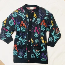 Vtg Wool Blend Garden Grandma Core Botanical Fairycore Cardigan LARGE Floral