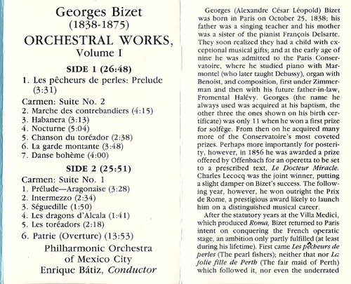 George Bizet Orchestral Works - Philharmonic Orchestra of Mexico (Cassette) USED - Imagen 2 de 4
