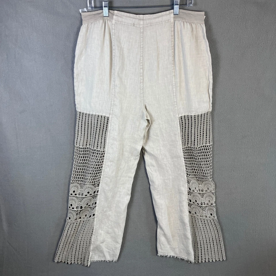 XCVI Women's Linen Wide Leg Crochet Accents Pants Size L Gray Boho NWT - Image 2 of 4