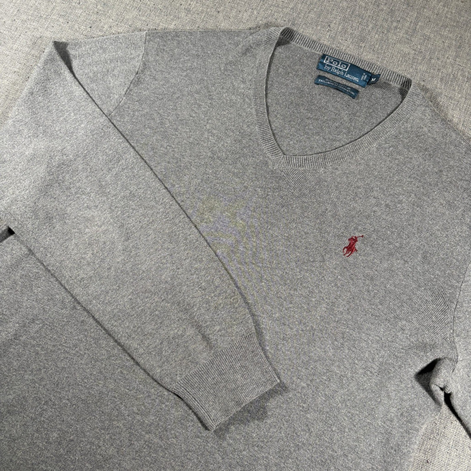Vintage Polo Ralph Lauren V-Neck Sweater Mens Medium Grey Pima Cotton Pony Logo