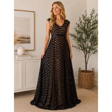Miusol Elegant Black Tan Floral Lace V-Neck Maxi Gown XL Formal  Floor Length