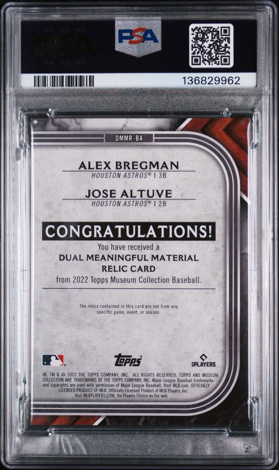 PSA 9 2022 Topps Museum Collection Dual Relics Altuve Bregman #DMMR-BA /35 (MEM) view 2
