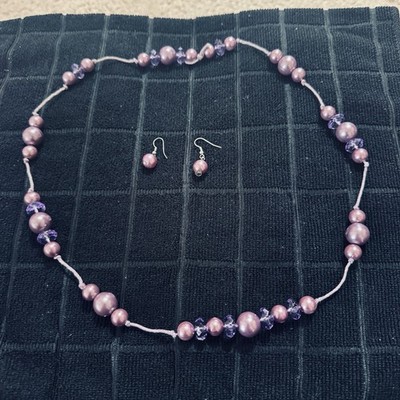 Purple Pearl Necklace & Earrings Set