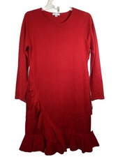 Calvin Klein Knit Dress Women L Red Ruffle Hem Long Sleeve-New