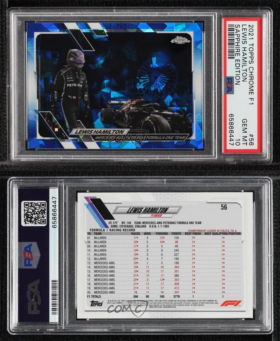 2021 Topps Chrome Sapphire Formula 1 F1 Racers Lewis Hamilton #56 PSA 10 GEM MT view 3