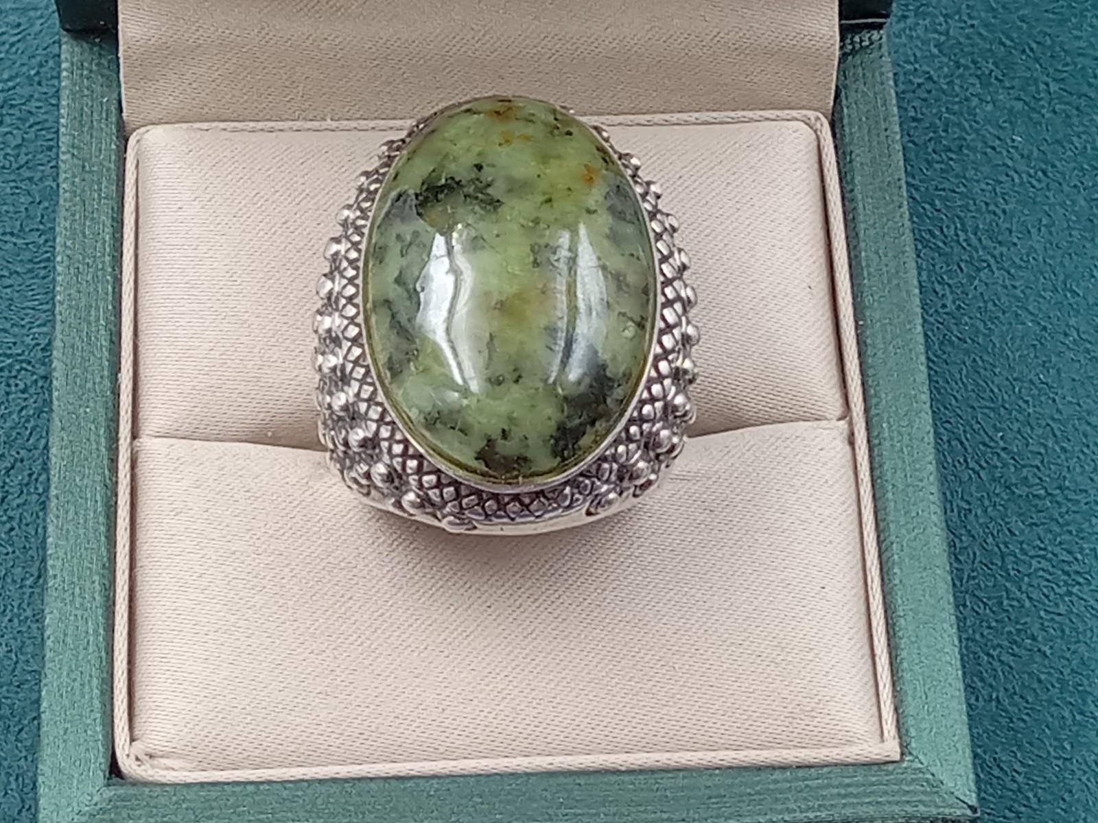 Sterling Silver Statement Ring w Cabochon Green &… - image 1