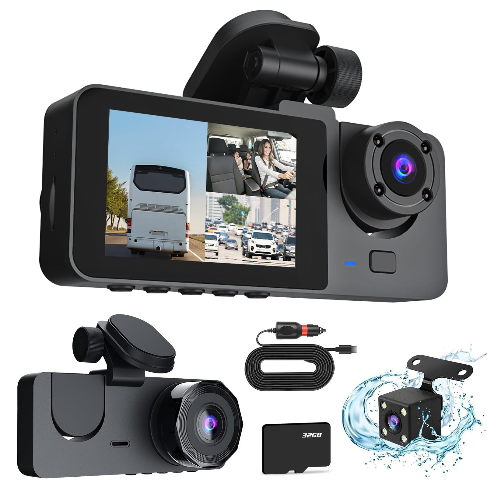 3-Channel Dash Cam with Front, Rear, and Interior 1080P HD Car DVR Recording