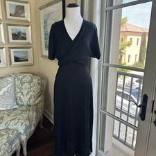 Women's Midi Black A-Line V-Neck Faux Wrap Dress Size US M