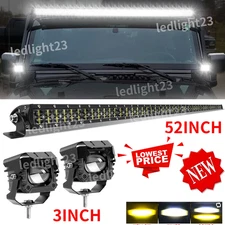 Roof 52'' inch LED Light Bar + 3" Pods + Wire Kit Fit Jeep Wrangler JK TJ YJ CJ