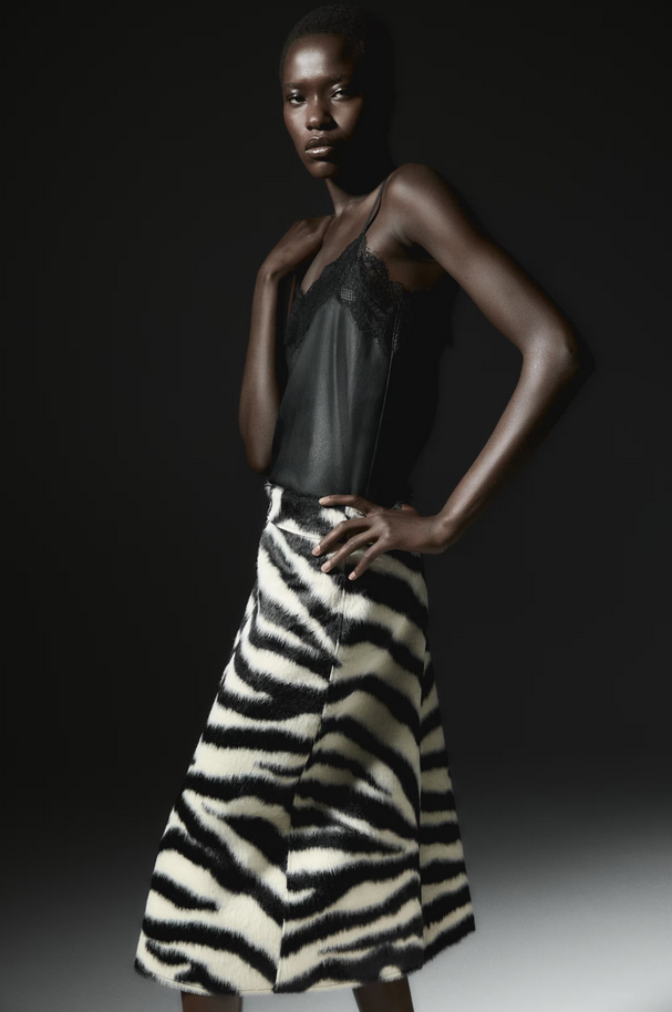 H&M Zip-Front Napped Finish Skirt Black Zebra Print 1322799004 XS