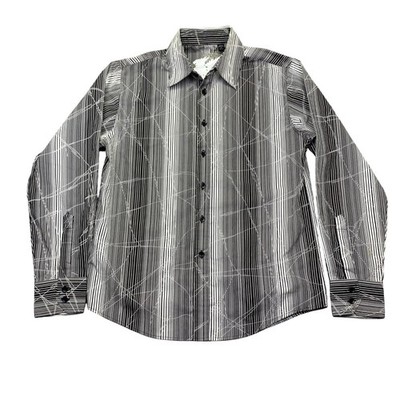 Topman Mens Sz S Black White Striped Geometric Print Button Down LS Shirt