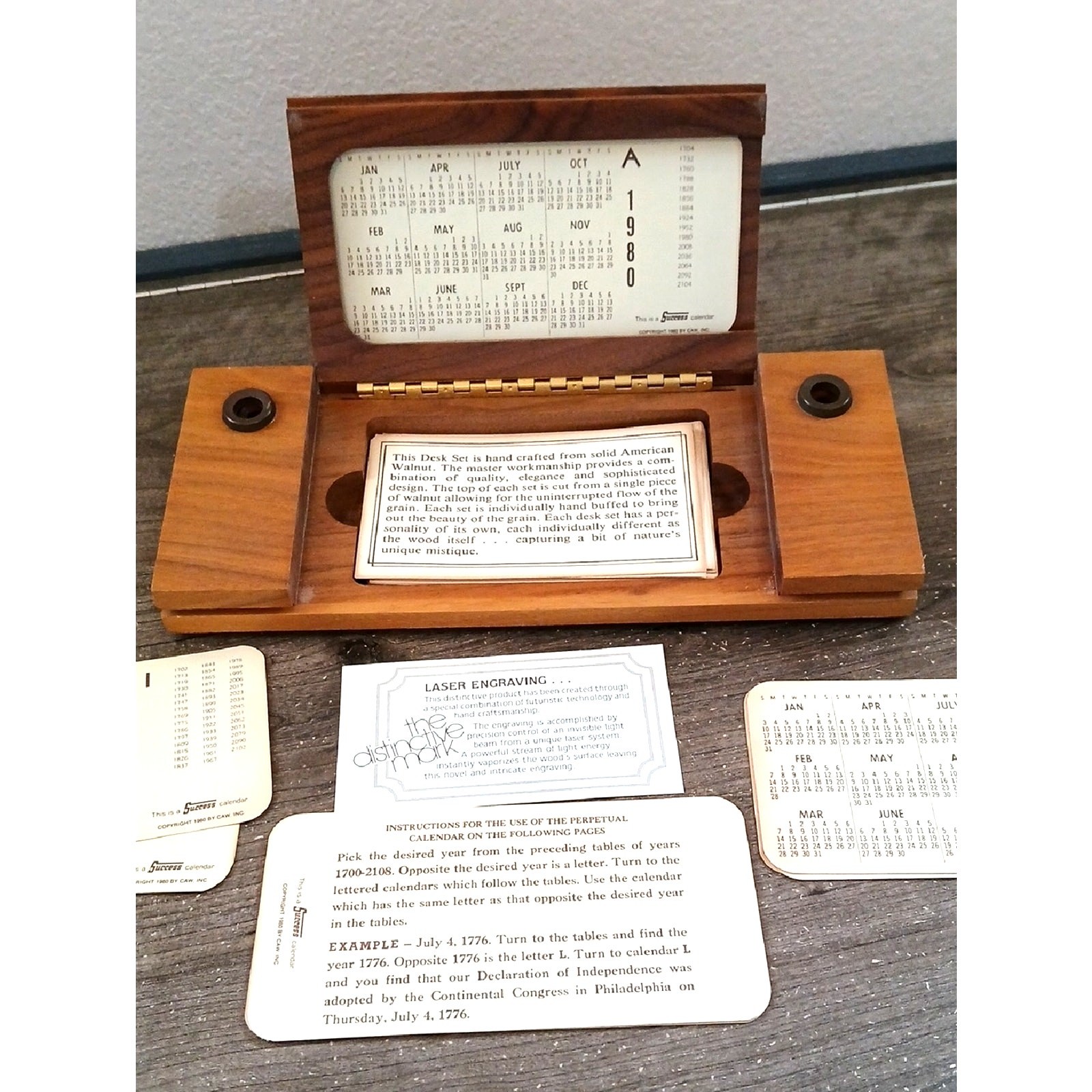 Vintage 1980 Success Wood Desk Calendar Eagle Laser Engraved Still Can Use Today
