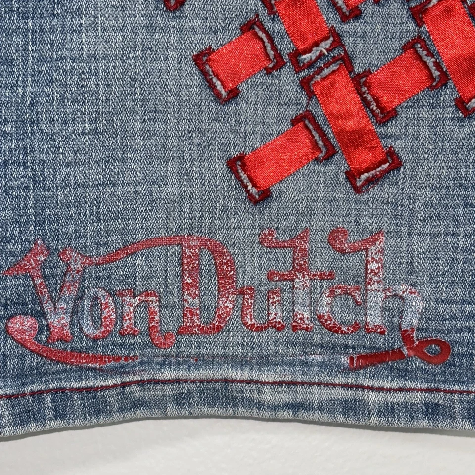 Minifalda vaquera vintage Von Dutch talla 9/10 cinta roja deletreada Y2K años 2000 Foto 3 de 4