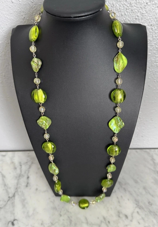 Серебристый тон лайм зеленый стеклянный бусина абалона оболочка и AB кристалл бисер ожерелье - Изображение 2 из 4
