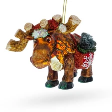Festive Moose with Twinkling Lights Glass Ornament