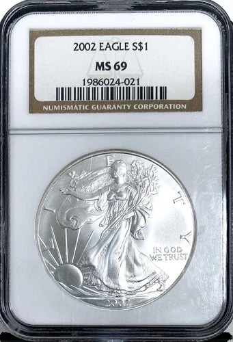 2002 American Silver Eagle Dollar $1 NGC MS69 BU 1oz Silver Coin BROWN LABEL