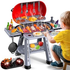 Kids Play Kitchen Toys Set: 68-Piece Pretend Grill BBQ Toy with Real Smoke S...
