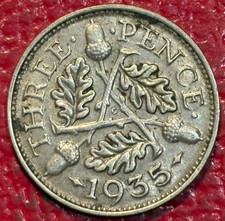 HIGH GRADE XF 1935 GREAT BRITAIN SILVER 3 THREE PENCE COIN-NOV700