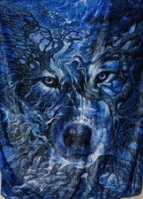 Wolf Fleece Throw Blanket Blue 48x60