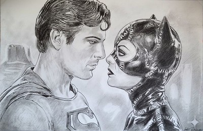 Christopher Reeve Superman & Michelle Pfeiffer Catwoman OOAK Original Art 11x17!