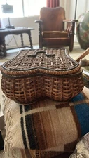 Antique Victorian Wicker Rattan Sewing Basket Green Satin Lining