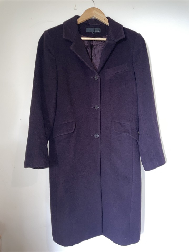 HENNES Ladies Jacket Sz 38 Wool Cashmere Blend Overcoat Duffle Coat Dark Purple