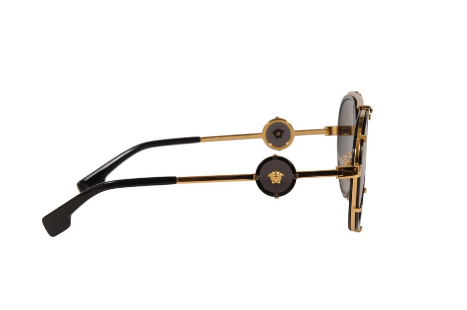 Gafas de sol de aviador Versace para hombre modelo 2232 negras doradas redondas remachadas Foto 3 de 4