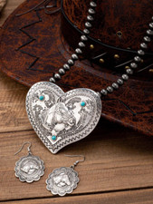 Silvery Western Cowgirl Horse Head Embossed Heart Beaded Fashion Jewelry Set