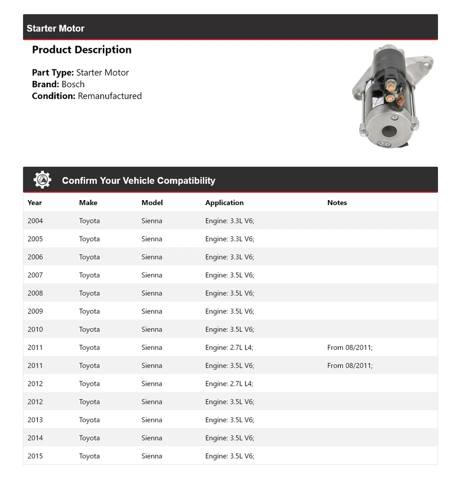 Arranque para Toyota Sienna Bosch 2004-2015 (remanufacturado) 2005 2006 2007 2008 Foto 2 de 4