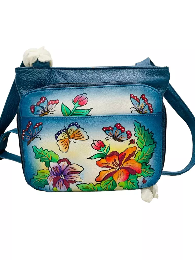 Hand-Painted Leather Cross Body Bag - Birds