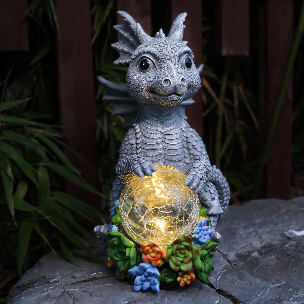 Garden Dragon Statue Outdoor Decor, Large Figurine with Succulents