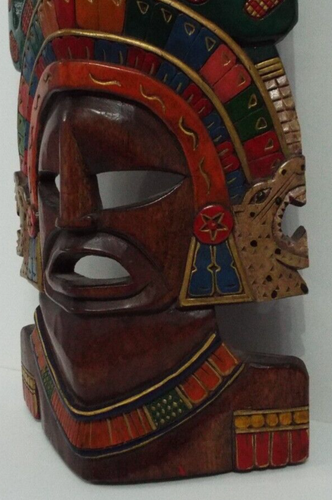 Vintage Large Aztec / Mayan Hand Carved Painted Jaguar Snake Temple Wall Mask - Picture 8 of 16