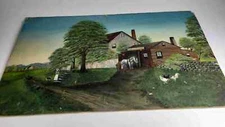 Primitive Folk Art Oil on Board Blacksmith Shop and Farm RR Rowley 1915