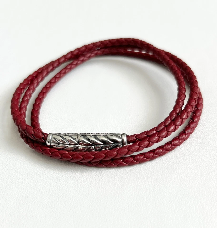 Pulsera David Yurman de cuero rojo triple envoltura Chevron de plata de ley .925 Foto 4 de 4