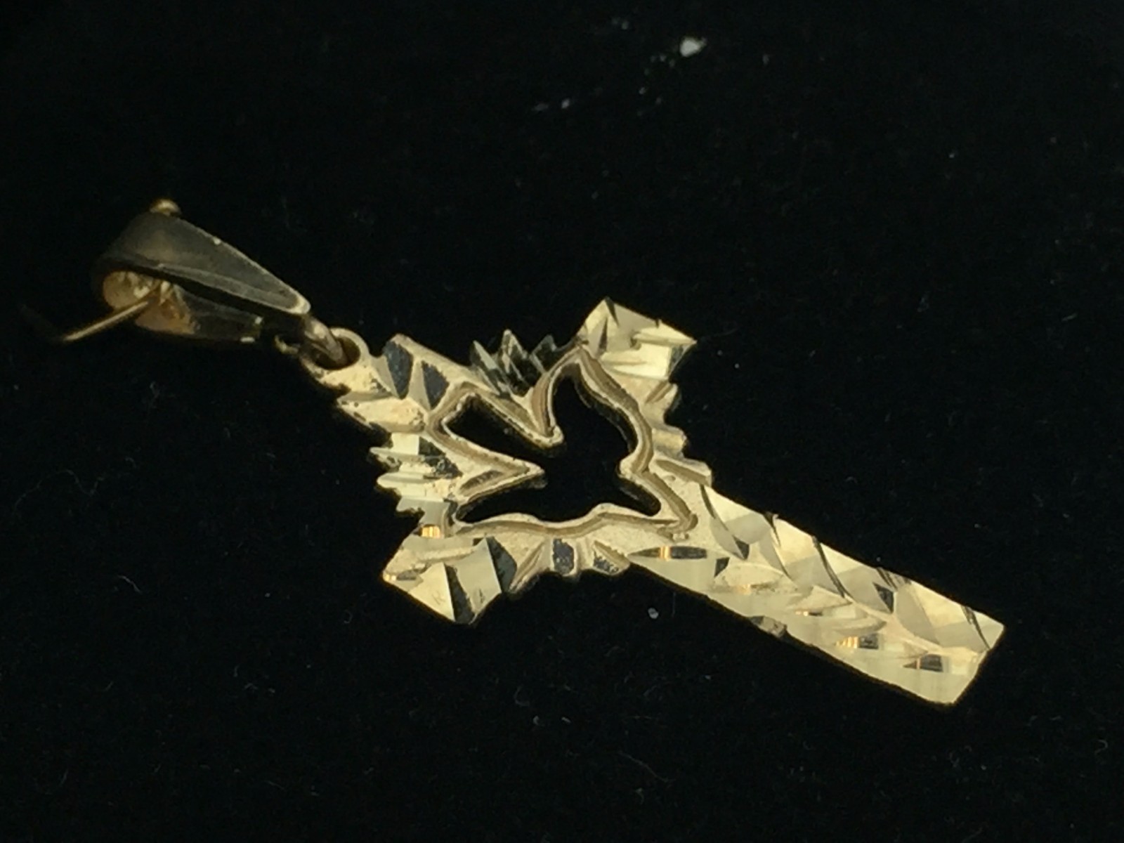 14k Yellow Gold Solid Religious Dove Cross Charm Pendant 1.3" 1.5 grams