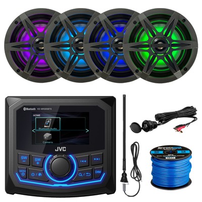 JVC Marine Receiver, 4x 6.5'' LED Speakers, Grilles, Antenna, USB Adapter, Wire