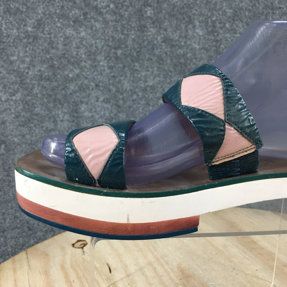 Zara Woman Sandals Womens 37 Casual Comfort Slip On Two Strap Slide Teal Leather - Image 3 of 4