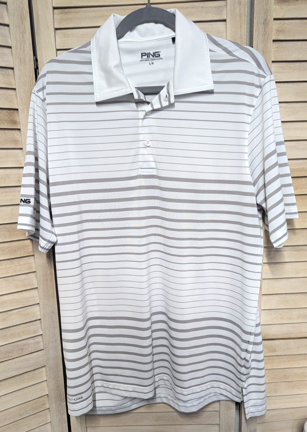 PING Men's Large Sensor Cool Short Sleeve Polo Golf Shirt Tan/White Striped