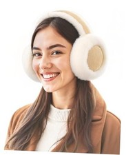 Ear Muffs for Winter Women W/Screen Touch Gloves Set, Foldable Fuzzy Khaki