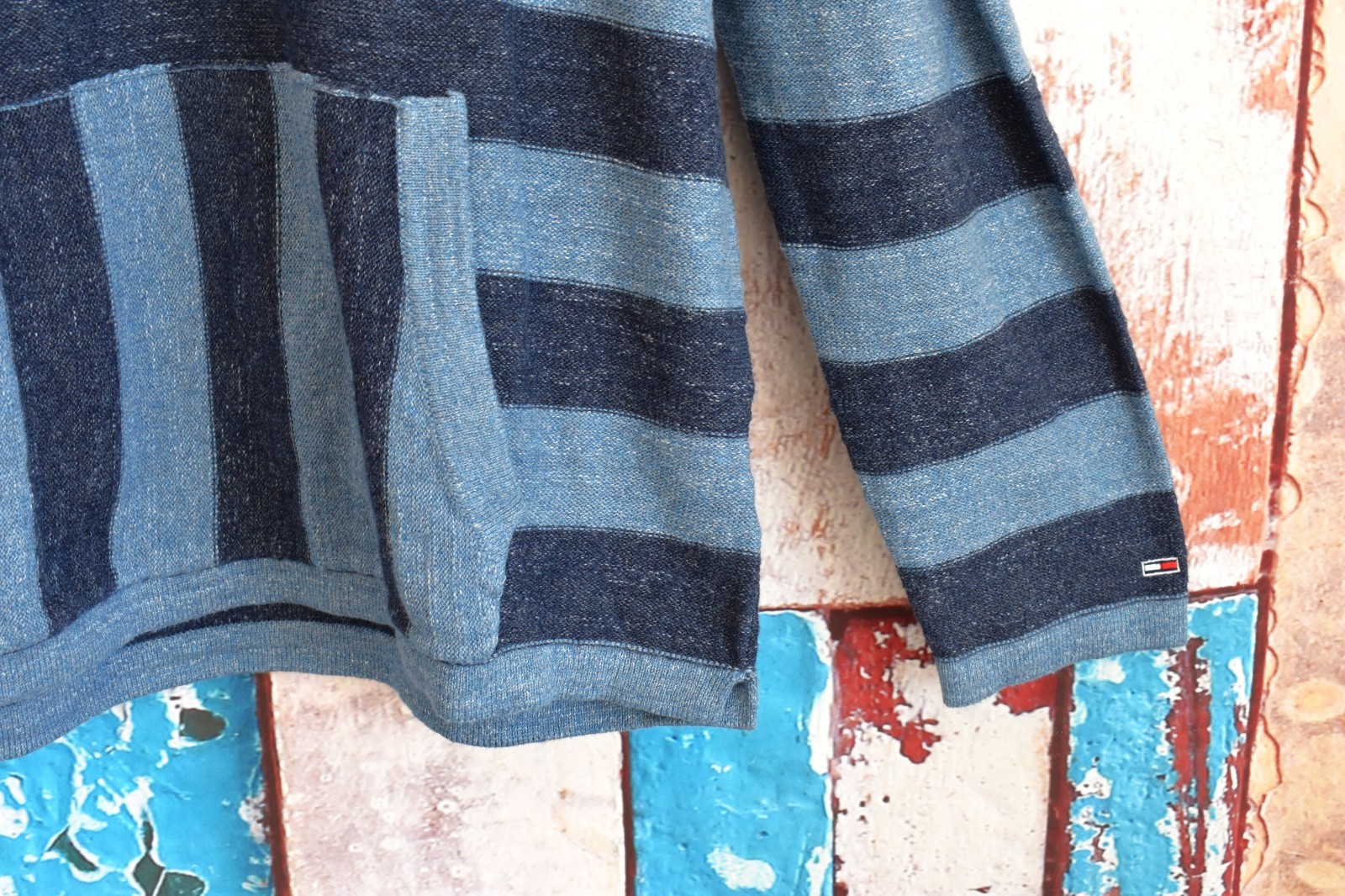 Men's Tommy Hilfiger Denim Essential Stripe Beach Hoodie Pullover MEDIUM Blue image 6