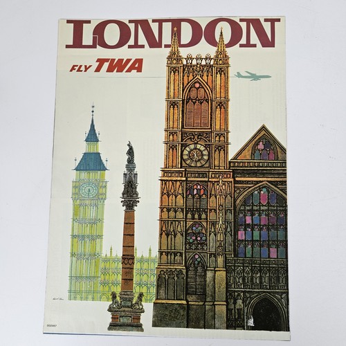 ORIGINAL Vintage Poster London Fly TWA Airline Travel David Klein 1960s 8.75x12