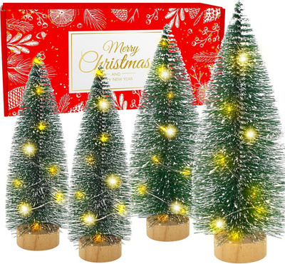 Mini Christmas Tree with Lights and Wood Base for Holiday Decor