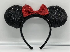 Authentic Disney Parks Minnie Mouse Ears Headband - Sequined Black with Red Bow