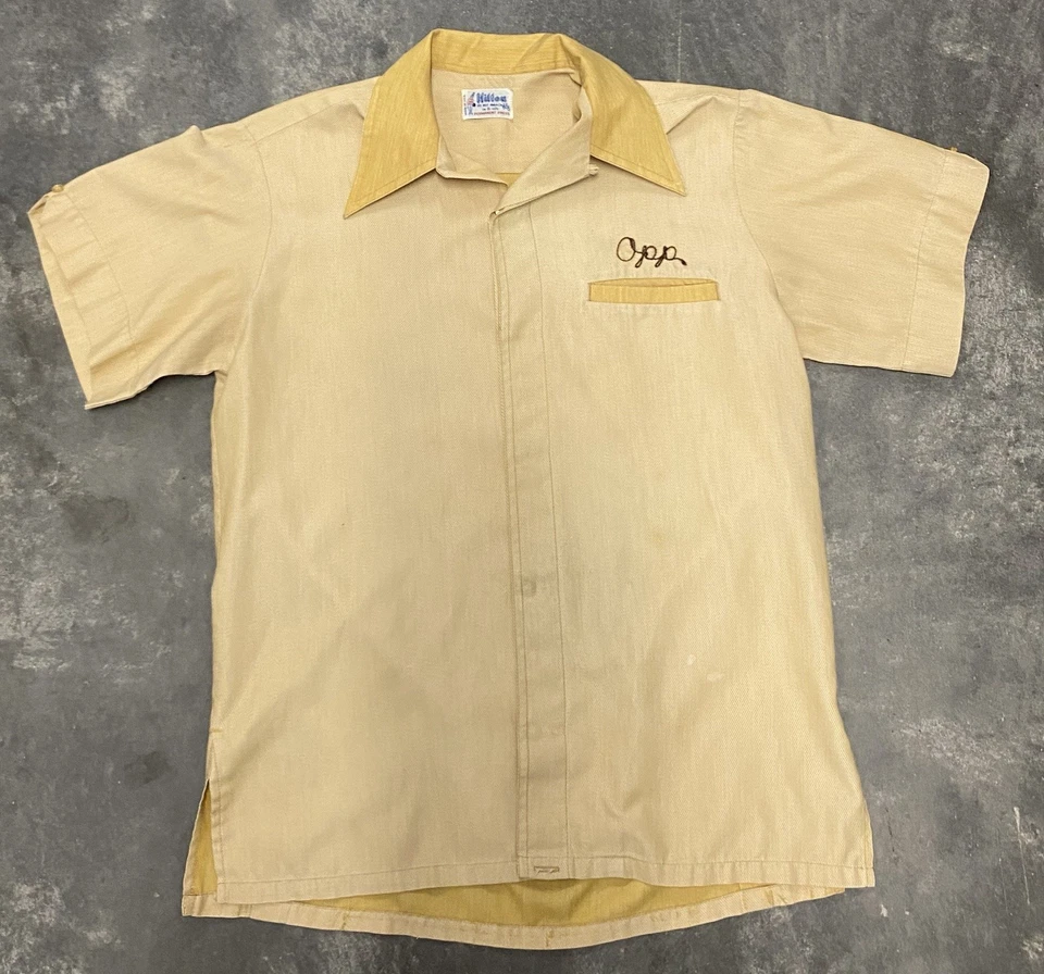 Camisa de boliche Hilton de colección para mujer talla pequeña amarilla años 60 puntada de cadena cuello lazo Foto 2 de 4