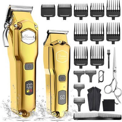 Hatteker Herren Haarschneide- & Bartschneider Kit, IPX7, T-Klinge, USB, Gold