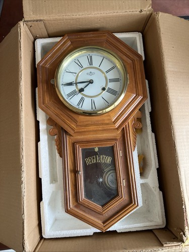 Functioning Vintage D & A Schoolhouse Regulator Wall Clock chiming with pendulum