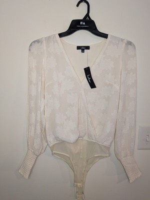 NWT Lulus Ivory White Floral Blouse Long Sleeve Bodysuit Womens Size Small 